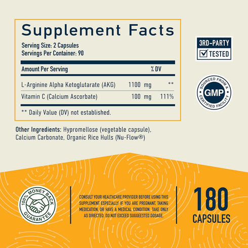 AKG Supplement | 1,100MG Per Serving | 180 Capsules | Alpha Ketoglutarate with Calcium & Vitamin C