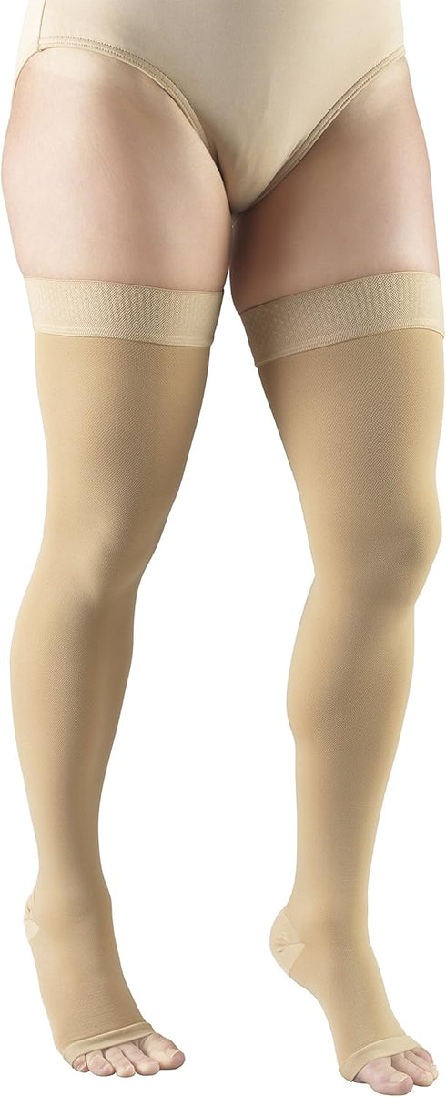Truform Compression Stockings for Men and Women, 30-40 mmHg, Thigh High, Dot-Top, Open Toe, Beige, Medium