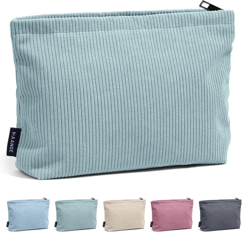 MAANGE Small Makeup Bag for Purse, Green Corduroy Travel Cosmetic Pouch, Portable Versatile Zipper Bag for Women