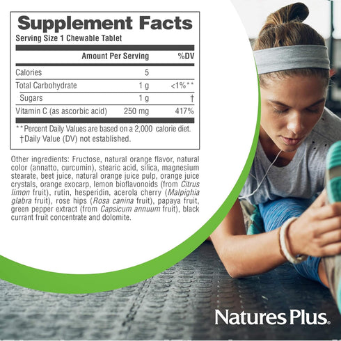 Natures Plus Chewable Vitamin C, 250 mg, 90 Vegetarian Tablets - High Potency Immune Support, Antioxidant