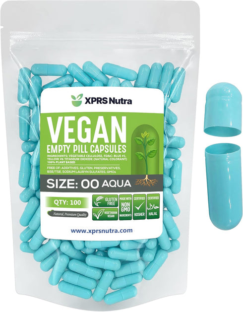 XPRS Nutra Size 00 Empty Capsules, 100 Count Vegan Capsules for DIY Vegetable Capsule Filling (Aqua)