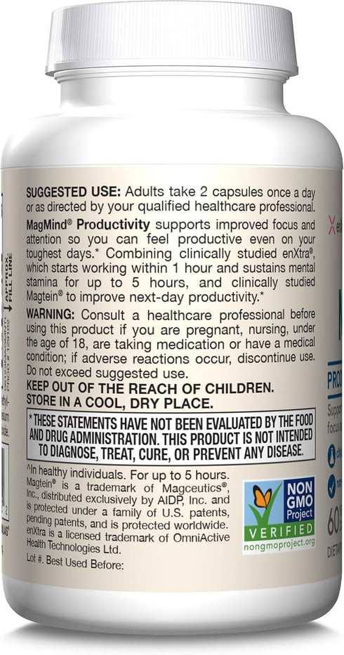 Jarrow Formulas MagMind Productivity with Magtein 1g and enXtra 300 mg, Dietary Supplement for Cognition Support (60