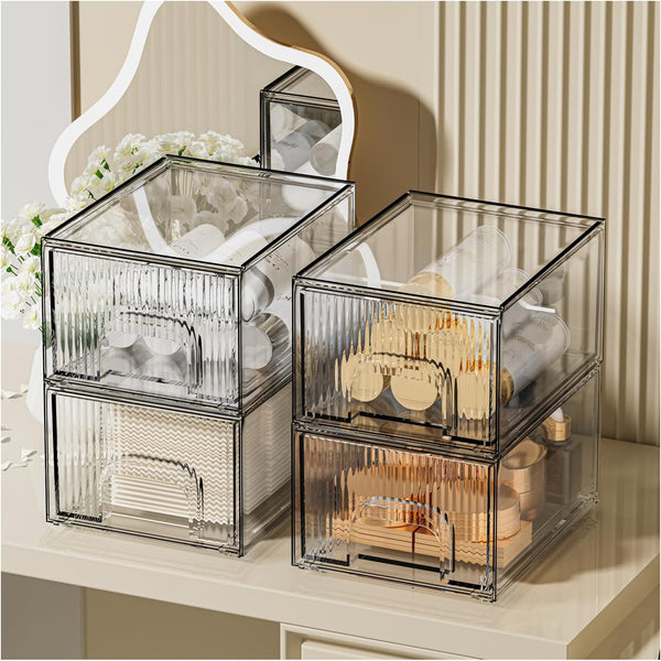 ZHIAI 4 Pcs Makeup Organizer Drawers, Stackable Stripes Bathroom Organizers for Vanity and Kitchen Cabinets