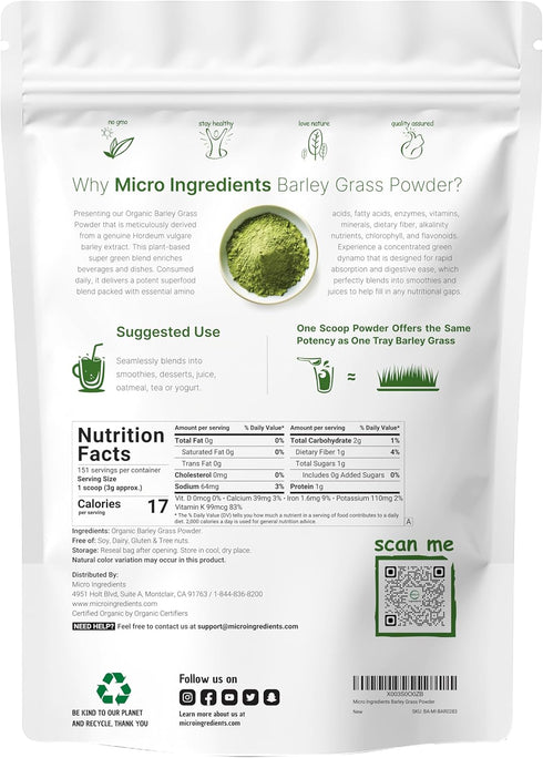 Organic Barley Grass Powder, 16 Ounces | US Grown | Superfood Greens Mix for Immune Health and Digestion Support