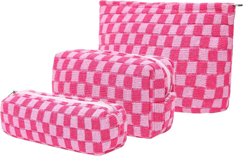 Large Capacity Pink Checkered Makeup Bag Set, 3 Pieces Canvas Travel Organizer for Women