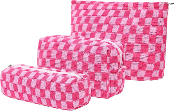 Large Capacity Pink Checkered Makeup Bag Set, 3 Pieces Canvas Travel Organizer for Women