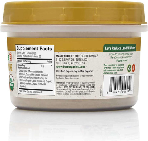 BareOrganics Mushroom Immune Blend Powder, Organic Superfood, Vegan Dietary Supplement, 4 Ounces