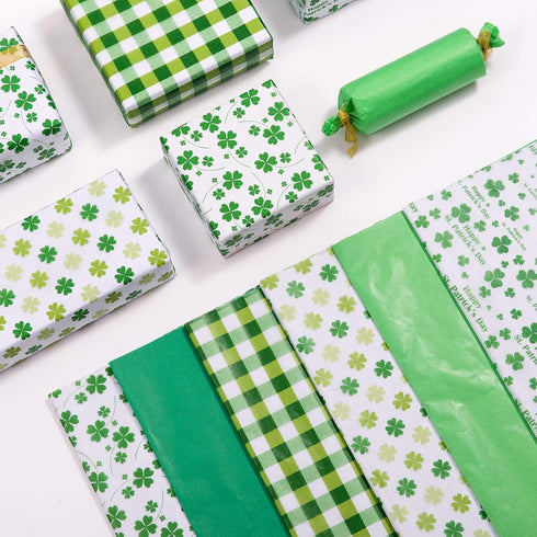Whaline St. Patrick's Day Tissue Paper, 90 Sheet Green Plaid Shamrock Pattern for DIY Crafts, Gift Bag Packing