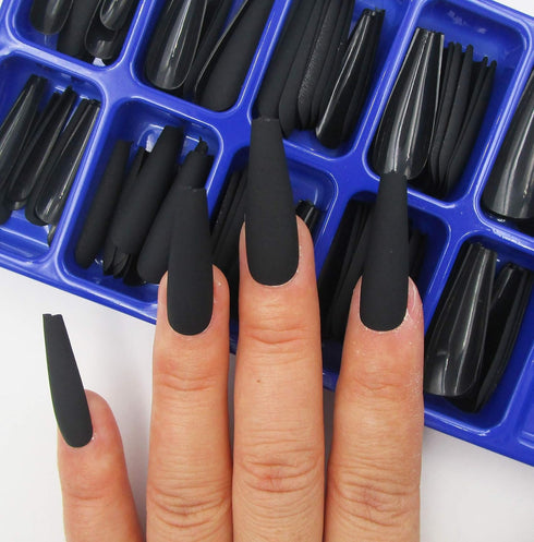 LoveOurHome 100pc Coffin Press on Nails, Medium Ballerina Acrylic Fake Nails, Matte Black Full Cover Nail Tips for Women
