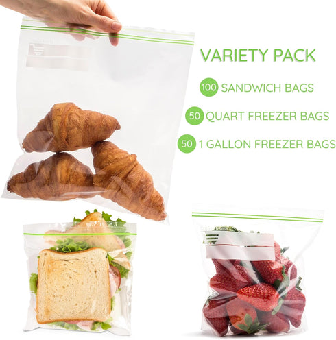 Zipper Bags Various Sizes Freezer Bags Variety Pack 50 Gallon Bags 50 Quart Bags 100 Sandwich Snack Bags 200 Total Bags