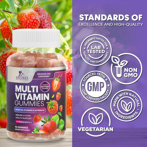 Multivitamin Gummies for Adults - Daily Gummy Vitamins & Minerals for Women & Men, Immune Support, 90 Gummies