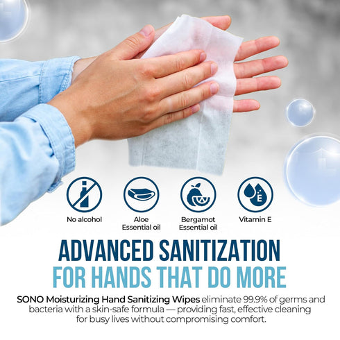 Packs SONO Bergamot & Aloe Moisturizing Hand Sanitizer Wipes - TSA-Approved Travel Size Individual for On-the-Go
