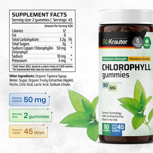 Gummies 90 Gummies, 45 BIO KRAUTER Chlorophyll for Body Odor & Detox Support - Vegan Chlorophyll Supplements for Women