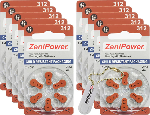 60 Hearing Aid Batteries Size: 312 + Battery Holder Keychain Kit