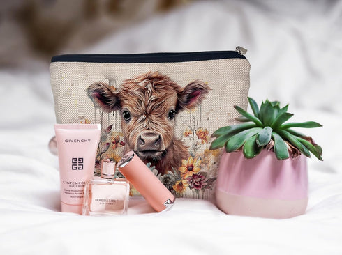 Highland Cow Gifts Makeup Bag, Western Cow Print Cosmetic Bag for Women