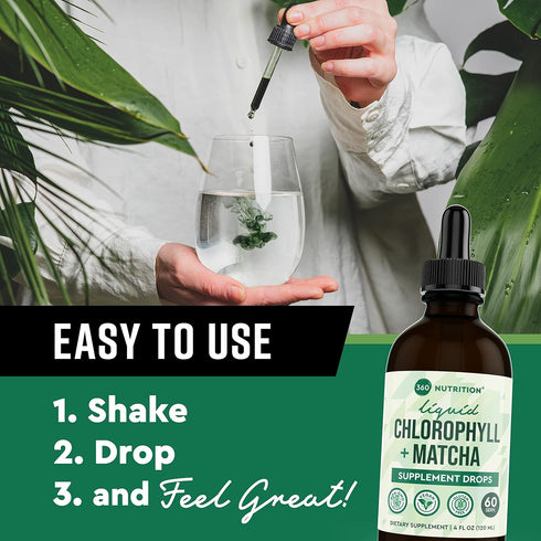 360 Nutrition Matcha Chlorophyll Liquid Drops - Gluten Free & Vegan Supplement for Gut Health, 60 Servings