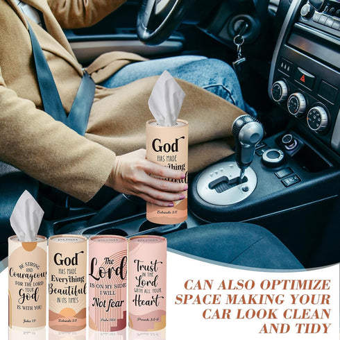 Outus 12 Pack 6 Christian Car Tissues Cylinder Holder with Facial Tissue Bulk Round Bible Verses Napkins Container