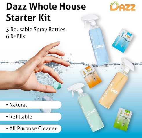 DAZZ Whole House Starter Kit, 3 Reusable Spray Bottles & 6 Refills, Eco Friendly Cleaners