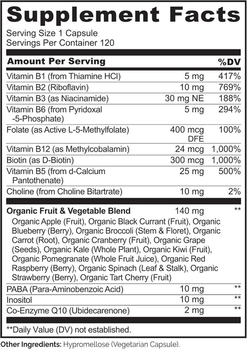 NATURELO Vitamin B Complex - Methyl B12, Methyl Folate, Vitamin B6, Biotin, Choline, CoQ10, 120 Capsules
