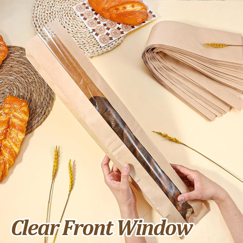 Kegeeei 150 Pack 150 23x4x1.6 Inch Packaging Baguette Bags with Clear Front Window and Seal Stickers, Paper Bread Bags