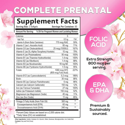 Hello Lovely! Women's Prenatal Multivitamin with Folic Acid + DHA, Prenatal Vitamins w/Folate, Omega 3, Vitamins D3, B6, B12 & Iron, Pregnancy Support DHA Supplement, Non-GMO - 120 Softgels