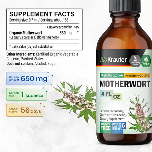 MAUWE HERBS Motherwort Tincture - Organic Herbal Extract for Women’s Health - Alcohol & Sugar Free - 4 Fl.Oz.