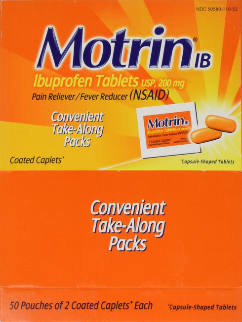 Motrin IB Ibuprofen 200mg Tablets for Fever, Muscle, Headache & Pain Relief, 50 Count, Pack of 2