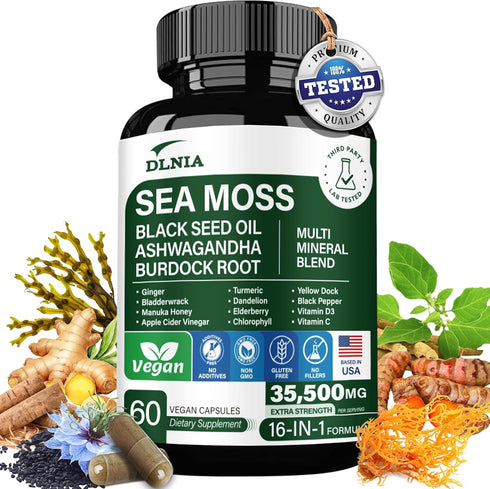 16-in-1 Organic Sea Moss 7000mg, Ashwagandha 2000mg, Black Seed Oil 4000mg, Turmeric, Vitamin C & D3 for Overall Health