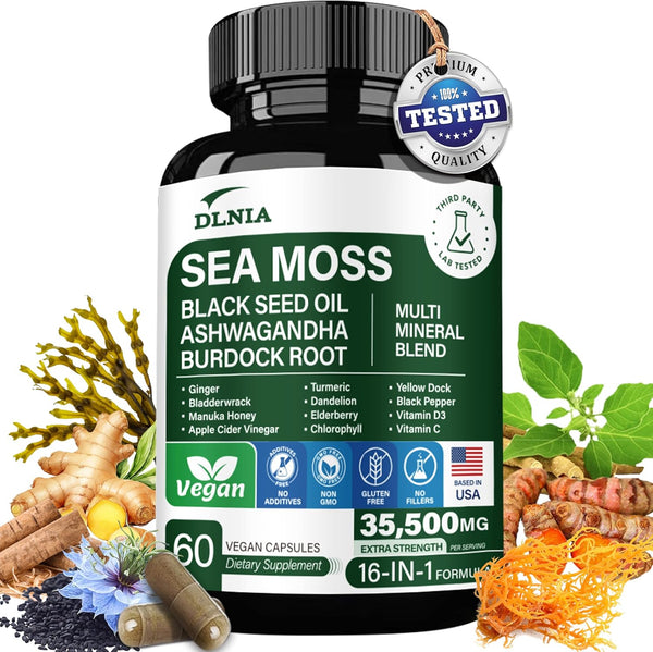 16-in-1 Organic Sea Moss 7000mg, Ashwagandha 2000mg, Black Seed Oil 4000mg, Turmeric, Vitamin C & D3 for Overall Health