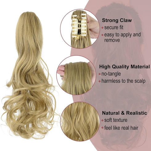 Ponytail Extension Clip in Claw, 18" Curly Wavy Pony Tails Clip-on Hairpiece for Women, Ash Blonde
