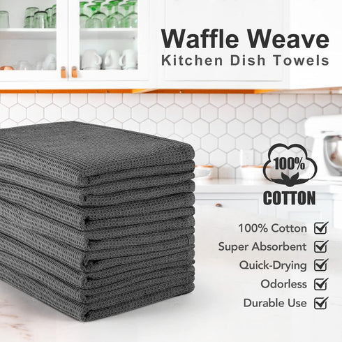 PY HOME & SPORTS 8 Pack Cotton Waffle Weave Kitchen Towels, 17 x 25, Super Absorbent Dark Grey Dish Cloths