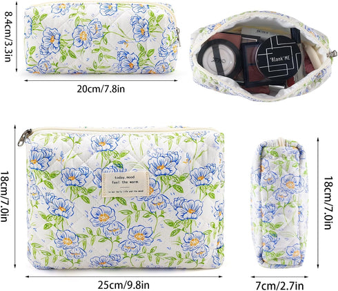 Quilted Cotton Cosmetic Bag, 2Pcs Large Makeup Pouch for Women, Aesthetic Floral Toiletry Bag Gift