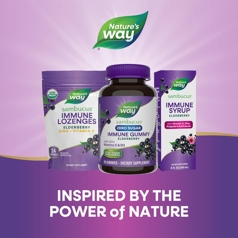 Nature’s Way Sambucus Zero Sugar Immune Gummies, 70 Gummies - Black Elderberry Extract, Vitamin C, D3, Zinc