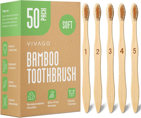 Biodegradable Bamboo Toothbrushes Bulk Soft Bristles (50 Pack) - Eco-Friendly, Compostable Natural Wooden Toothbrush