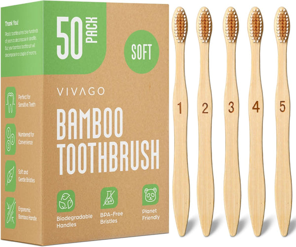 Biodegradable Bamboo Toothbrushes Bulk Soft Bristles (50 Pack) - Eco-Friendly, Compostable Natural Wooden Toothbrush