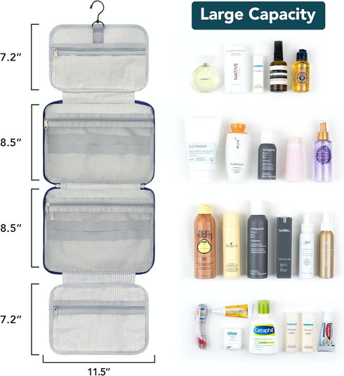 PAVILIA Hanging Toiletry Bag, Foldable Cosmetic Organizer for Women Men, Water Resistant Travel Essentials Kit, Navy
