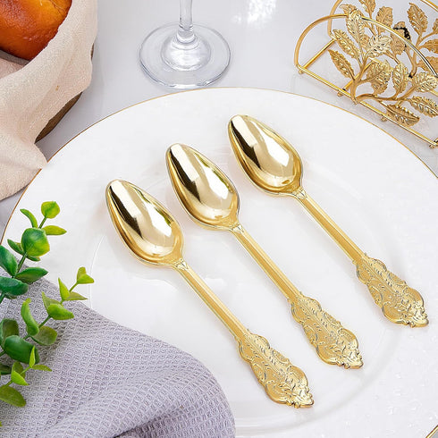WDF 100 Piece Gold Plastic Spoons, 6.93 Inch Heavy Duty Disposable Silverware for Dessert Cake, Party or Daily Use