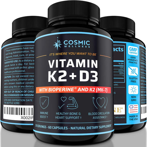 K2 D3 Vitamin Supplement 5000 IU - Enhanced Calcium Absorption for Healthier Bones, Blood, Heart, and Better Immunity