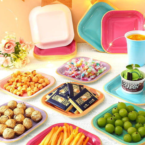 Tiangrid 120 7 Inch 6 Pcs Colorful Paper Plates Rainbow Candy Color Disposable Square Dessert Party Plates with Gold