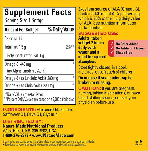 Nature Made Triple Omega 3 6 9, Flaxseed, Safflower, & Olive Oils, 150 Softgels, Fish Free Omega 3 Supplement