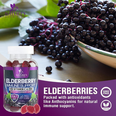 Immune Support Gummies - 120 Gummies, Powerful Sambucus Elderberry with Zinc & Vitamin C for Natural Support