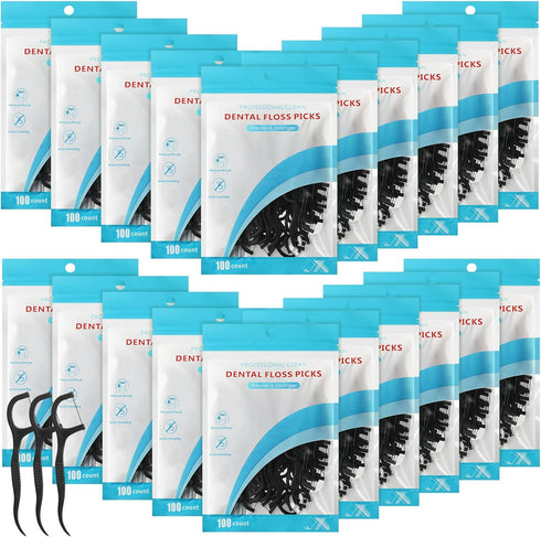 2000 Count Floss Picks Bulk, Natural Dental Floss Picks Toothpicks, High Pull Tooth Flosser Picks for Teeth (Black)