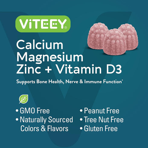 Gummies with Calcium Magnesium Zinc and Vitamin D3 - Supports Bone Health & Immune Function - Raspberry Flavor