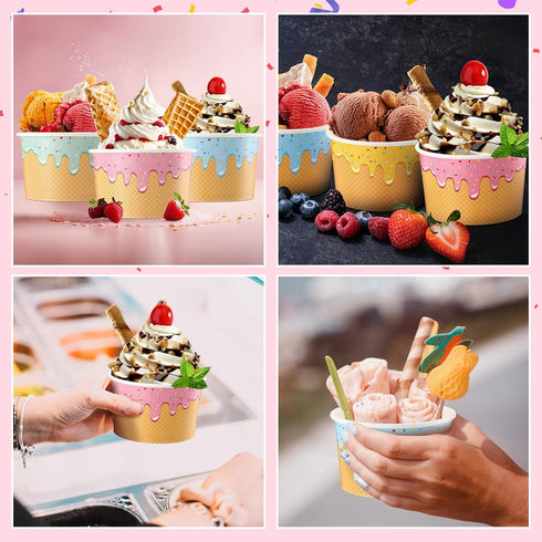Ninehaoou 100 Summer (10 oz) Pcs Ice Cream Cups Bulk Paper Disposable Dessert Bowls Ice Cream Bowls Paper Dessert Cups