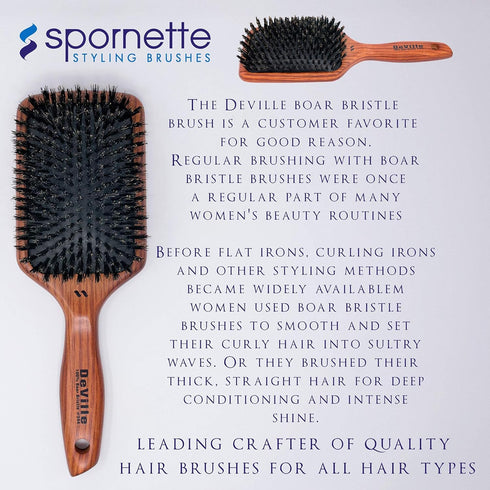 Spornette Deville Cushion Paddle Brush, Boar Bristle Hair Brush for Straightening, Smoothing, Detangling