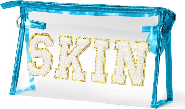 Preppy Patch Cosmetic Case - Blue White Varsity SKIN Letter Bag, Classy Waterproof Clear PVC Multi-Function Pouch for