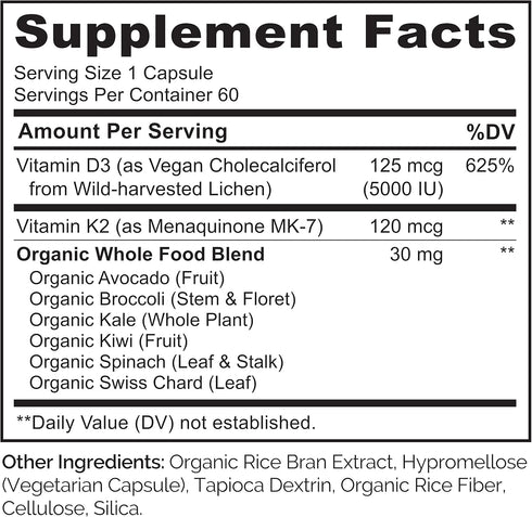 NATURELO Vitamin D3 K2 - Vegan Supplement for Immune System, Bone Support, 60 Capsules, Non-GMO