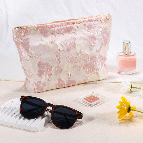 Flower Makeup Bag, Large Floral Travel Cosmetic Pouch for Women, Zipper Organizer Bag (Embossed Pink Aesthetic)