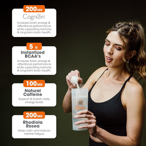 Genius BCAA Energy Powder, Grape Limeade, Nootropic Amino Acids & Muscle Recovery, Vegan Workout Supplement