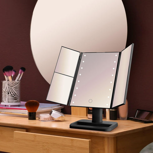 MELANNCO Black Tri Fold LED Vanity Mirror, 3 Magnifications, Dimmable LED Lights, Touch Control Makeup Mirror